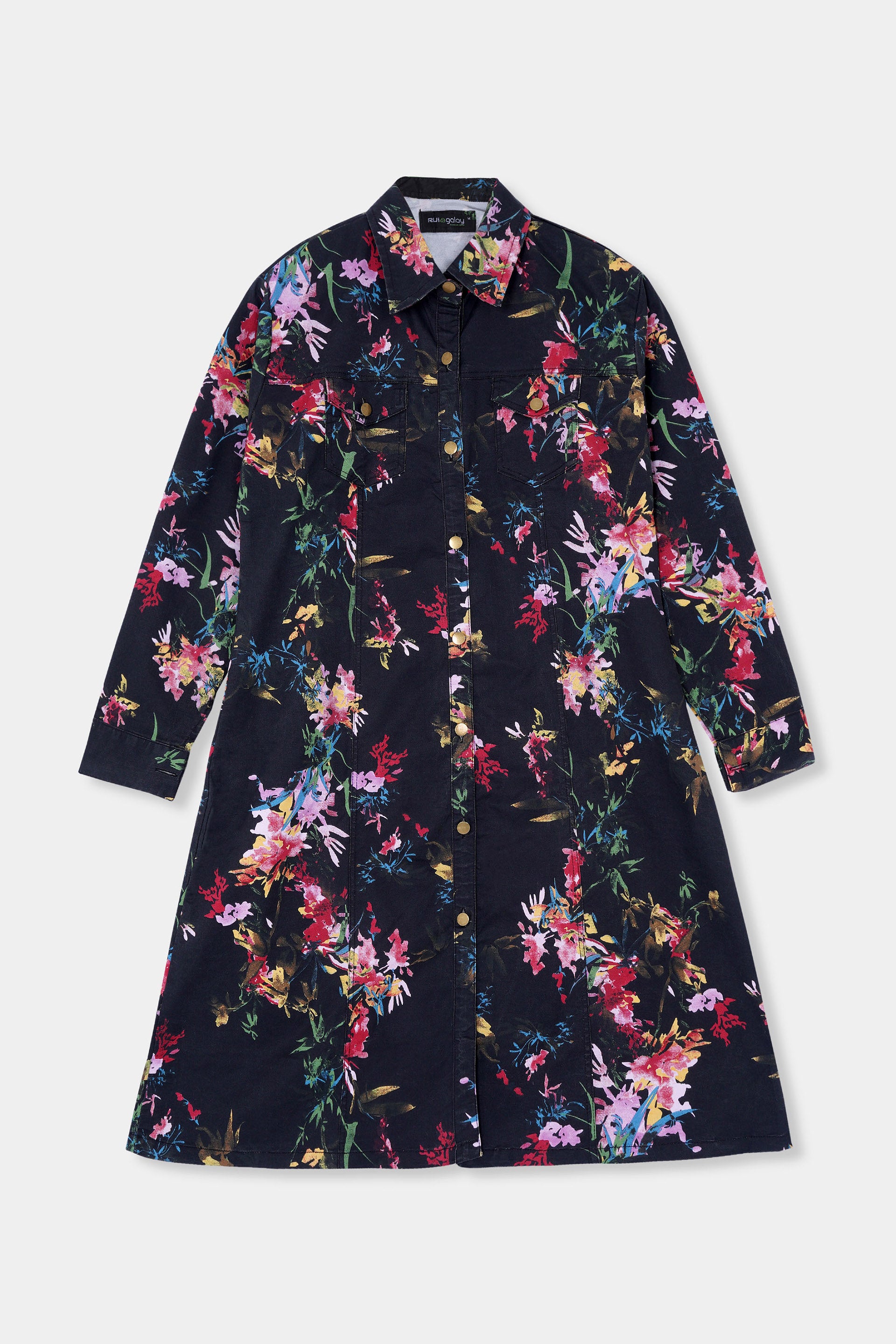 Denim Long Coat Mid blue. Black Floral, Lining & Sky Blue color