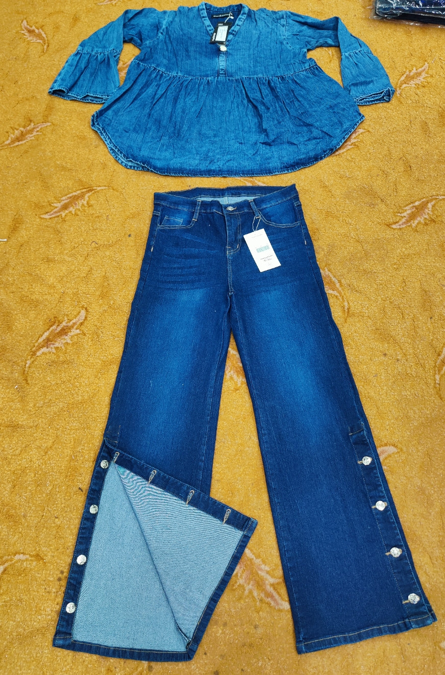 Side Buttons Wide Leg Jeans