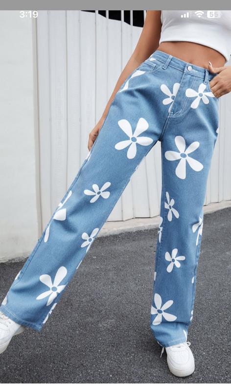 Wide Leg Flower Print Jeans